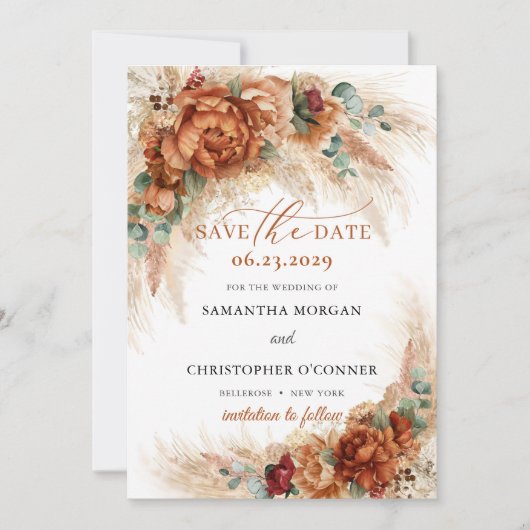 Boho terracotta verbrand oranje pampasgras save the date (Voorkant)