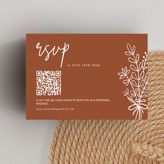 Boho Terracotta Verbrand Sinaasappel bruiloft QR-c RSVP Kaartje