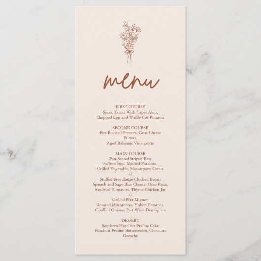 Boho Terracotta Verbrand Sinaasappel Rustiek Huwel Menu (Voorkant)