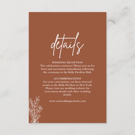 Boho Terracotta Verbrand Sinaasappel Trouwdetails Informatiekaartje (Voorkant)