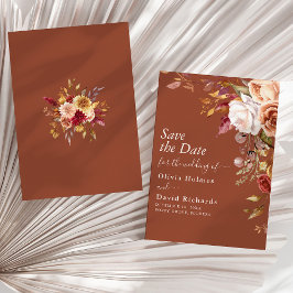 Boho terracotta verbrande Sinaasappel bloemenbruil Save The Date