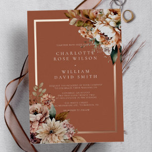 Boho Terracotta Watercolor Bloemen Herfst Bruiloft Folie Uitnodiging