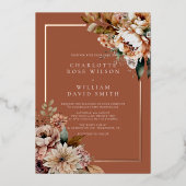Boho Terracotta Waterverf Bloemen Herfstbruiloft Folie Uitnodiging (Voorkant)