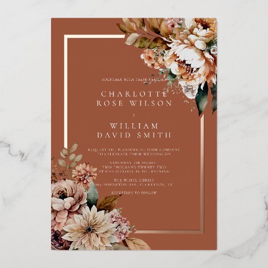 Boho Terracotta Waterverf Bloemen Herfstbruiloft Folie Uitnodiging (Voorkant)