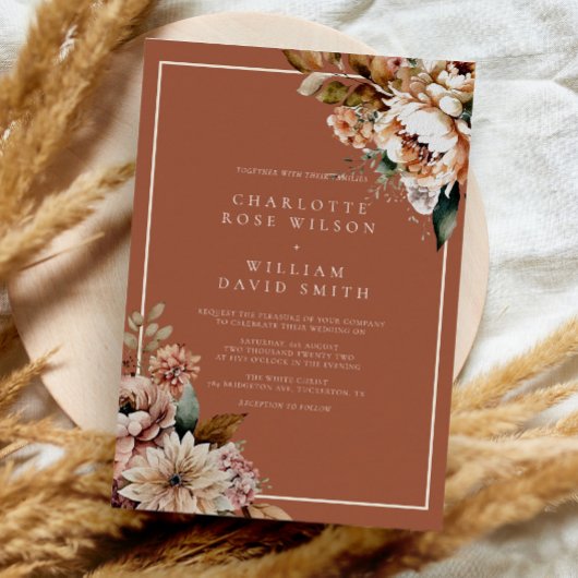 Boho Terracotta Waterverf Bloemen Herfstbruiloft Kaart