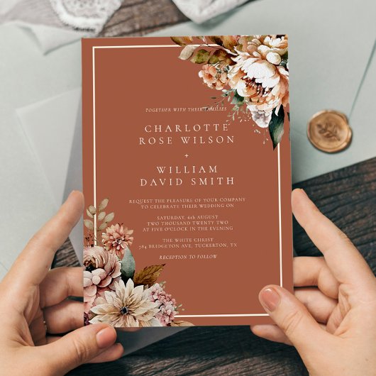 Boho Terracotta Waterverf Bloemen Herfstbruiloft Kaart