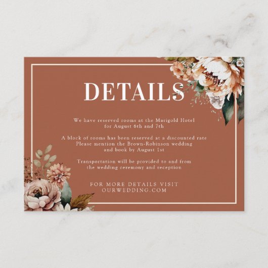 Boho Terracotta Waterverf Bloemen Trouwgegevens Informatiekaartje (Voorkant)