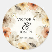 Boho Terracotta Waterverf Bloemige Herfst Bruiloft Ronde Sticker (Voorkant)