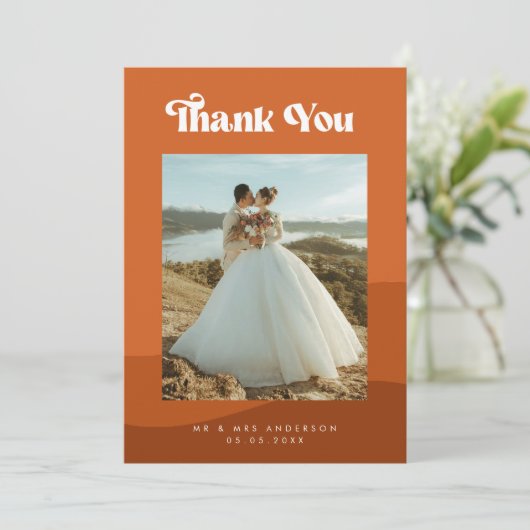 Boho Terracotta Waves & Retro Typography Wedding Bedankkaart (Staand voorkant)