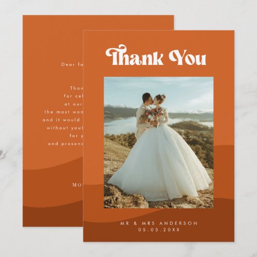 Boho Terracotta Waves & Retro Typography Wedding Bedankkaart (Voorkant / Achterkant)
