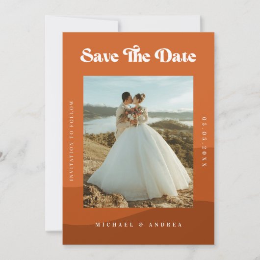 Boho Terracotta Waves & Retro Typography Wedding Save The Date (Voorkant)