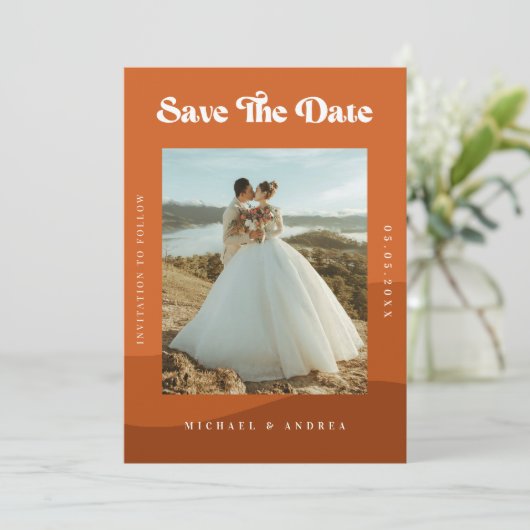 Boho Terracotta Waves & Retro Typography Wedding Save The Date (Staand voorkant)