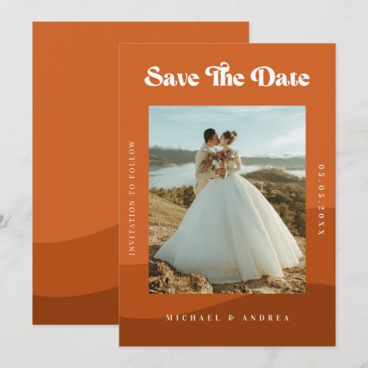 Boho Terracotta Waves & Retro Typography Wedding Save The Date (Voorkant / Achterkant)