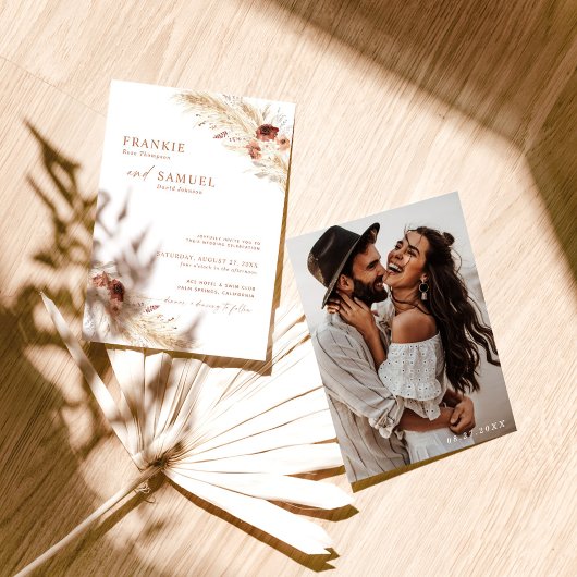 Boho Terracotta Wedding Invite, Foto Wedding Kaart