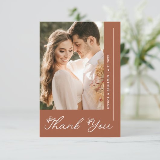 Boho Terracotta Wedding Photo Custom Bedankkaart (Staand voorkant)