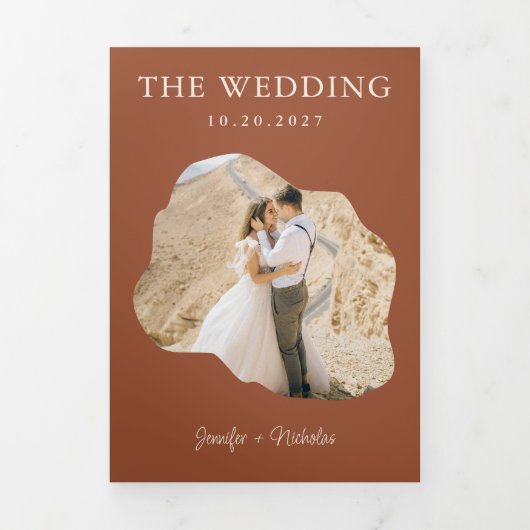 Boho Terracotta Wedding RSVP Details QR Code Foto Drieluik Uitnodiging (Cover)