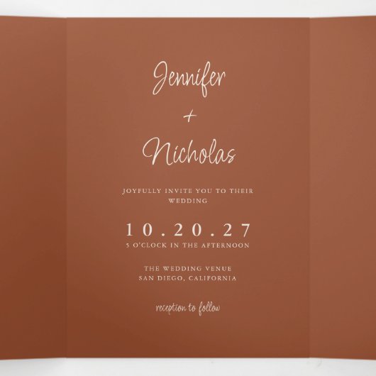 Boho Terracotta Wedding RSVP Details QR Code Foto Drieluik Uitnodiging (Binnenkant midden)