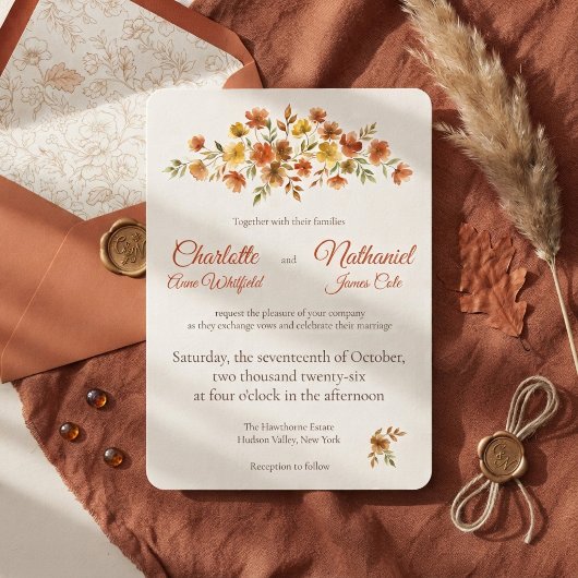 Boho Terracotta Wilde Bloem Herfst Bruiloft Kaart