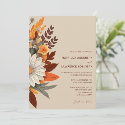 Boho Terracotta Wilde Bloem Herfst Bruiloft Kaart (Staand voorkant)