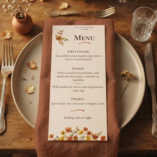Boho Terracotta Wilde Bloem Herfst Bruiloft Menu