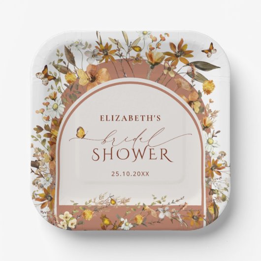 Boho Terracotta Wildflower Arch Vrijgezellenfeest Papieren Bordje (Voorkant)