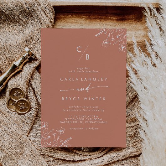 Boho Terracotta Wildflower Monogram Bruiloft Kaart