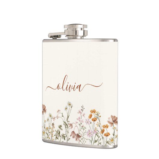 Boho Terracotta Wildflower Monogram Naam Heupfles (Links)