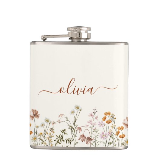 Boho Terracotta Wildflower Monogram Naam Heupfles (Voorkant)