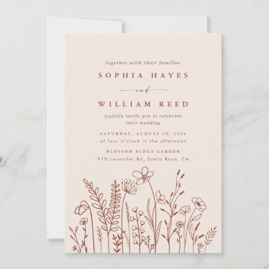 Boho Terracotta Wildflower Photo Wedding Kaart (Voorkant)