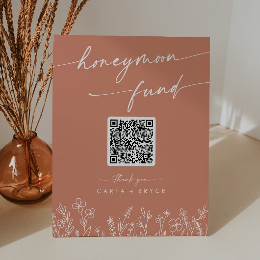 Boho Terracotta Wildflower Wedding Honeymoon Fund Reclamebord Met Voetstuk