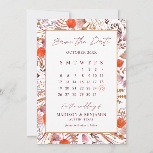 Boho Terracotta Wildflowers Photo Wedding Calendar Save The Date (Voorkant)