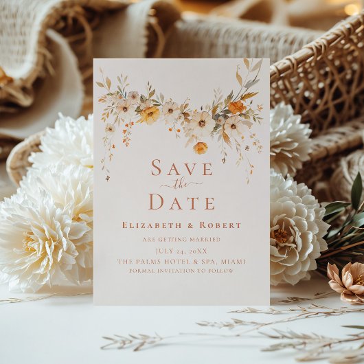 Boho Terracotta Wildflowers Save the Date Kaart