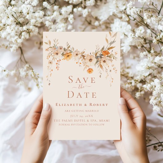 Boho Terracotta Wildflowers Save the Date Kaart