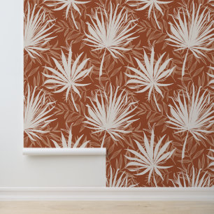 Boho terracotta wit palmblad print patroon behang