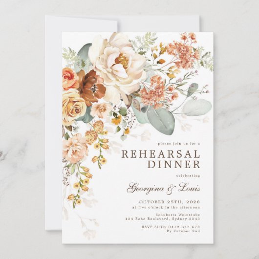 Boho Terracotta Yellow Floral Rehearsal Dinner Kaart (Voorkant)