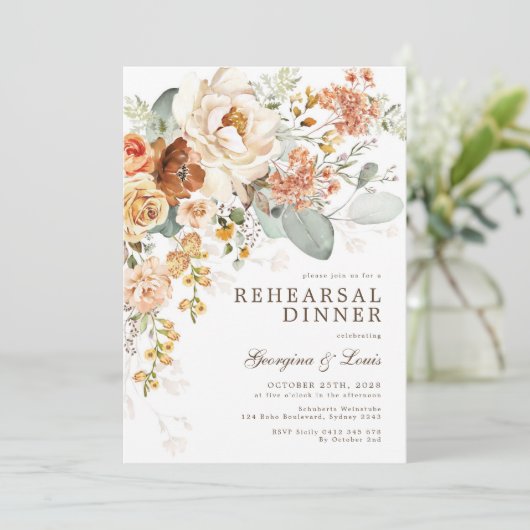 Boho Terracotta Yellow Floral Rehearsal Dinner Kaart (Staand voorkant)