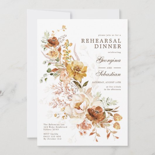 Boho Terracotta Yellow Flower Rehearsal Dinner Kaart (Voorkant)