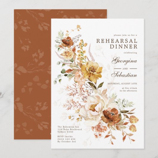 Boho Terracotta Yellow Flower Rehearsal Dinner Kaart (Voorkant / Achterkant)