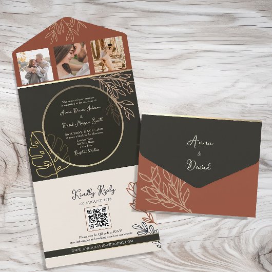 Boho Terracotta Zwart-wit bruiloft All In One Uitnodiging