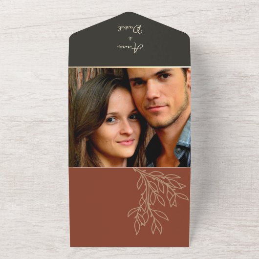 Boho Terracotta Zwart-wit bruiloft All In One Uitnodiging (Buitenkant)