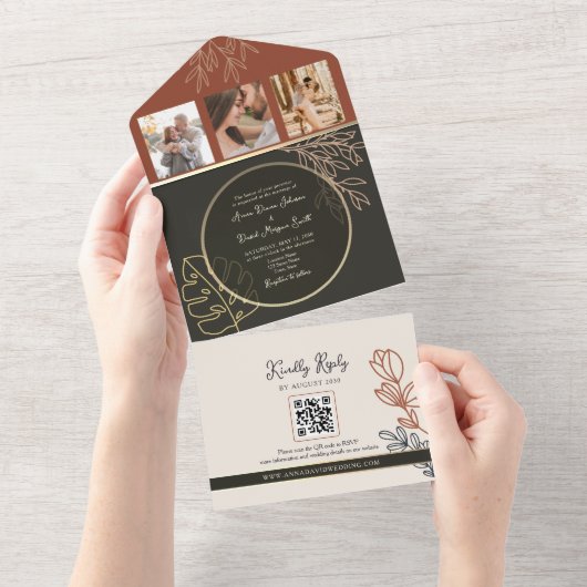 Boho Terracotta Zwart-wit bruiloft All In One Uitnodiging (Afscheurbaar)