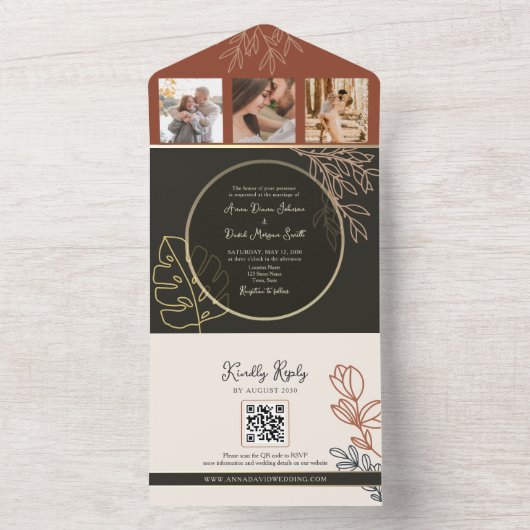 Boho Terracotta Zwart-wit bruiloft All In One Uitnodiging (Binnen)