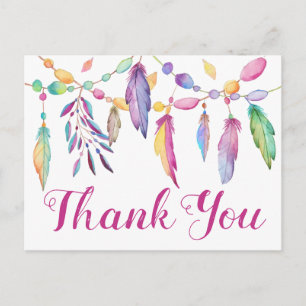 Boho Thank You Feathers Paarse roze Indiase bruilo Briefkaart