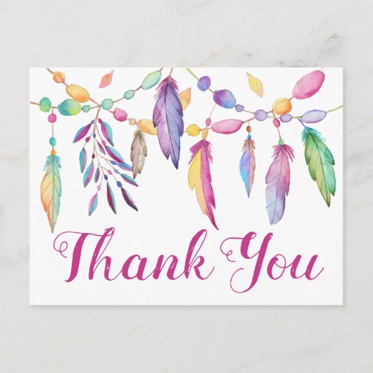Boho Thank You Feathers Paarse roze Indiase bruilo Briefkaart (Voorkant)