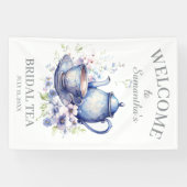 Boho Theepot Floral Blauw Bruidsfeest Thee Partij Spandoek (Horizontaal)