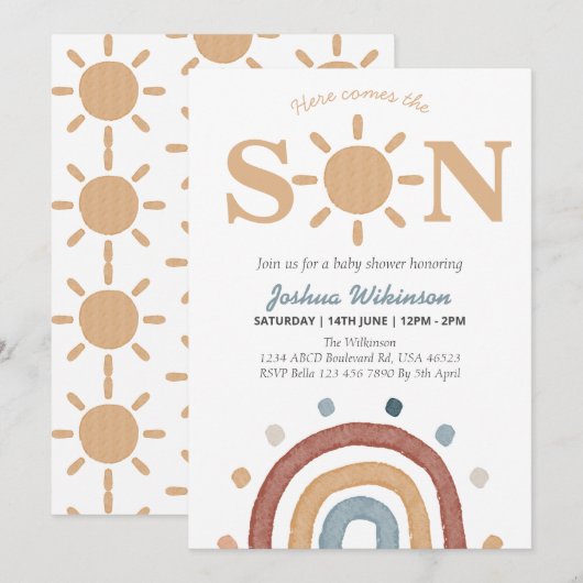 Boho thema hier komt het Son baby shower Kaart (Voorkant / Achterkant)