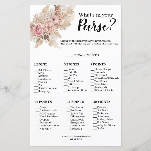 Boho Thema Wat zit er in je handtas Douche spel (Voorkant)