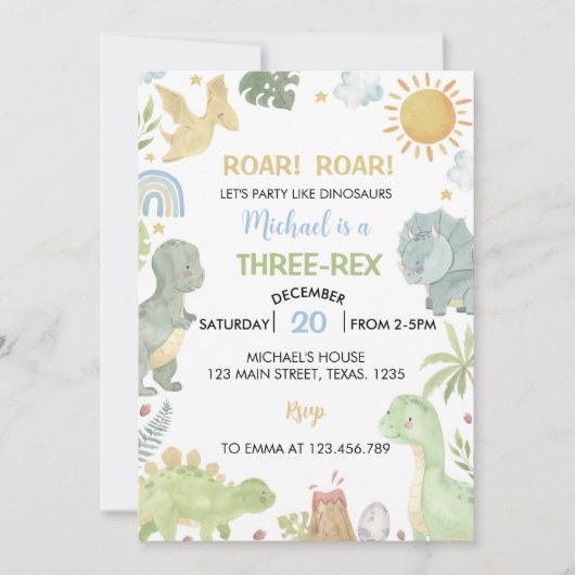 Boho Three-Rex Dinosauriërs Verjaardagsfeest Uitno Kaart (Voorkant)