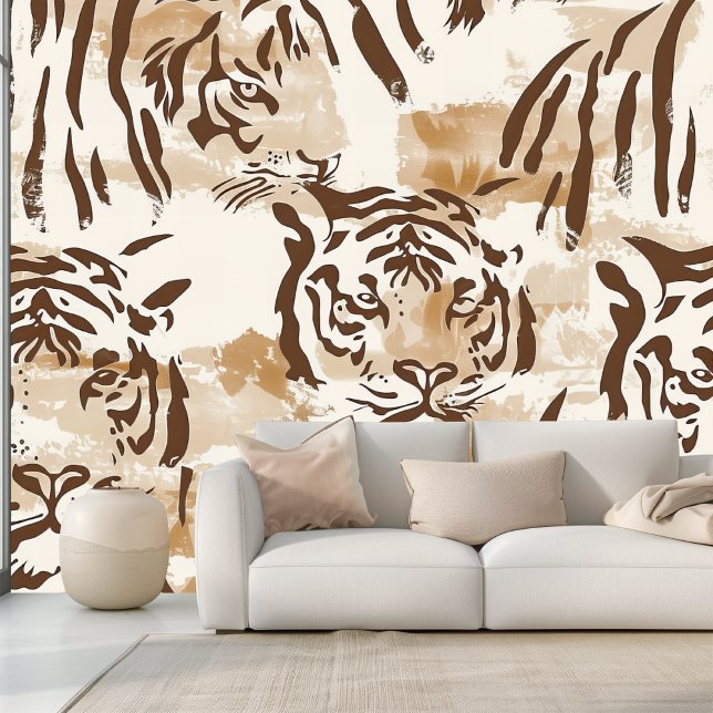 Boho Tiger Animal Print in zacht beige en bruin Behang (Creator heeft geüpload)