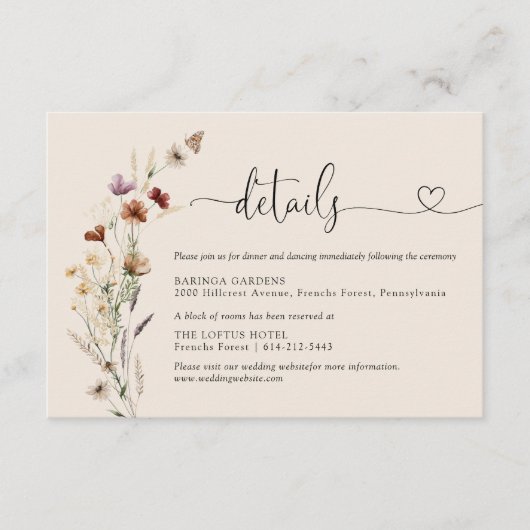 Boho Tiny Wildflower bruiloft details Informatiekaartje (Voorkant)